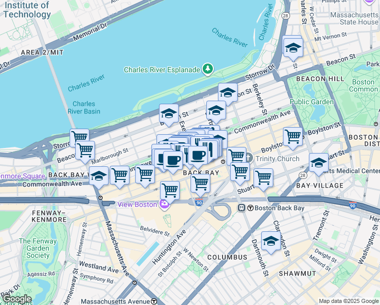 map of restaurants, bars, coffee shops, grocery stores, and more near 25 Exeter Street in Boston