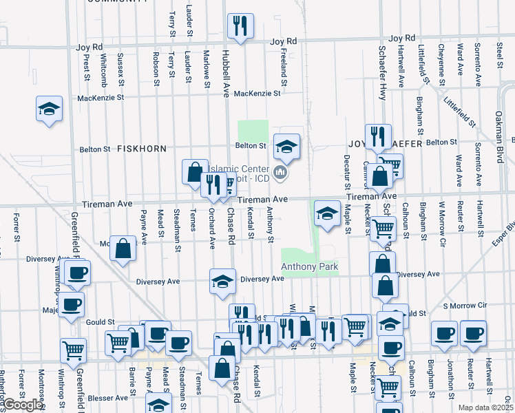 map of restaurants, bars, coffee shops, grocery stores, and more near 14439 Tireman Avenue in Dearborn