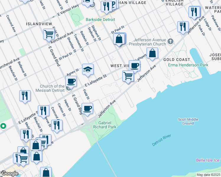 map of restaurants, bars, coffee shops, grocery stores, and more near 7633 Townsend Street in Detroit