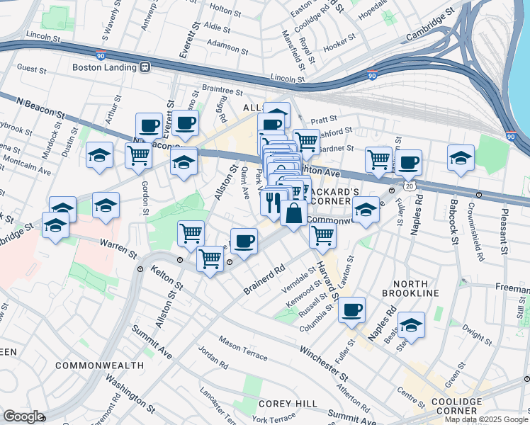 map of restaurants, bars, coffee shops, grocery stores, and more near 10-14 Park Vale Avenue in Boston