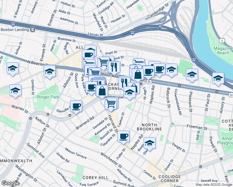 map of restaurants, bars, coffee shops, grocery stores, and more near 11 Chester Street in Boston