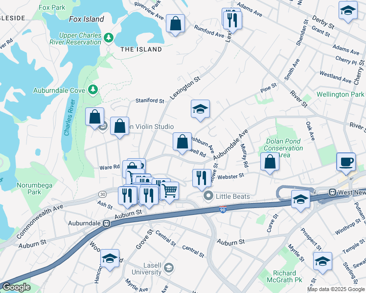 map of restaurants, bars, coffee shops, grocery stores, and more near 77 Newell Road in Newton