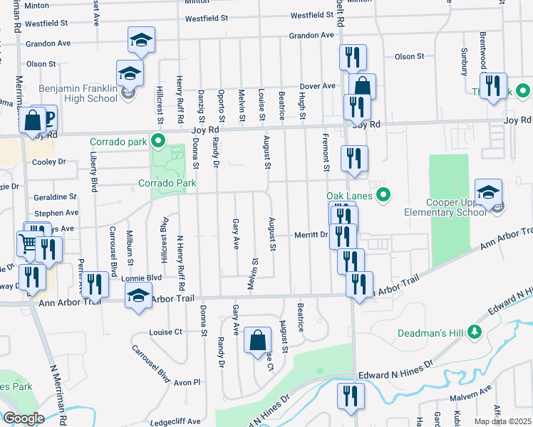 map of restaurants, bars, coffee shops, grocery stores, and more near 8317 August Street in Westland