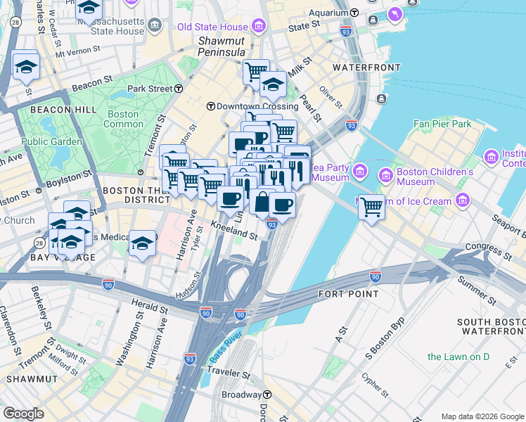 map of restaurants, bars, coffee shops, grocery stores, and more near 711 Atlantic Avenue in Boston