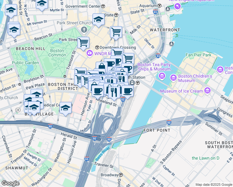 map of restaurants, bars, coffee shops, grocery stores, and more near in Boston