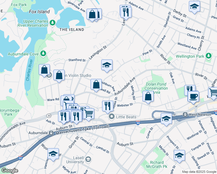 map of restaurants, bars, coffee shops, grocery stores, and more near 54 Washburn Avenue in Newton