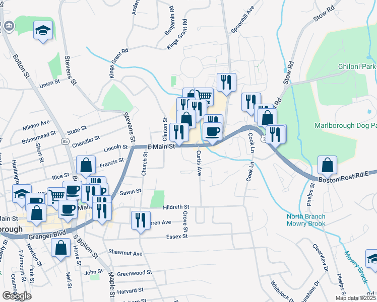 map of restaurants, bars, coffee shops, grocery stores, and more near 225 East Main Street in Marlborough