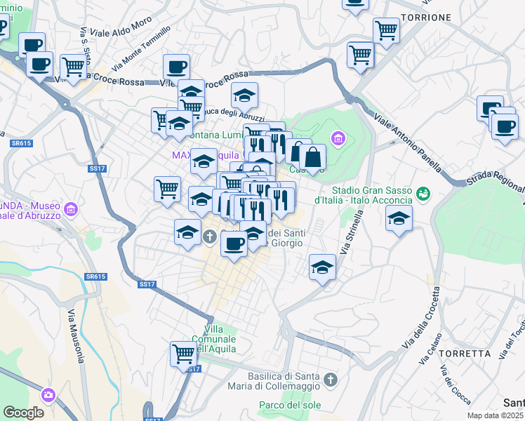 map of restaurants, bars, coffee shops, grocery stores, and more near Via Tempera in L'Aquila