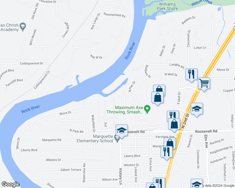 map of restaurants, bars, coffee shops, grocery stores, and more near 144 North Pier Drive in Machesney Park