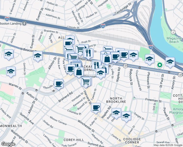 map of restaurants, bars, coffee shops, grocery stores, and more near 1169 Commonwealth Avenue in Boston