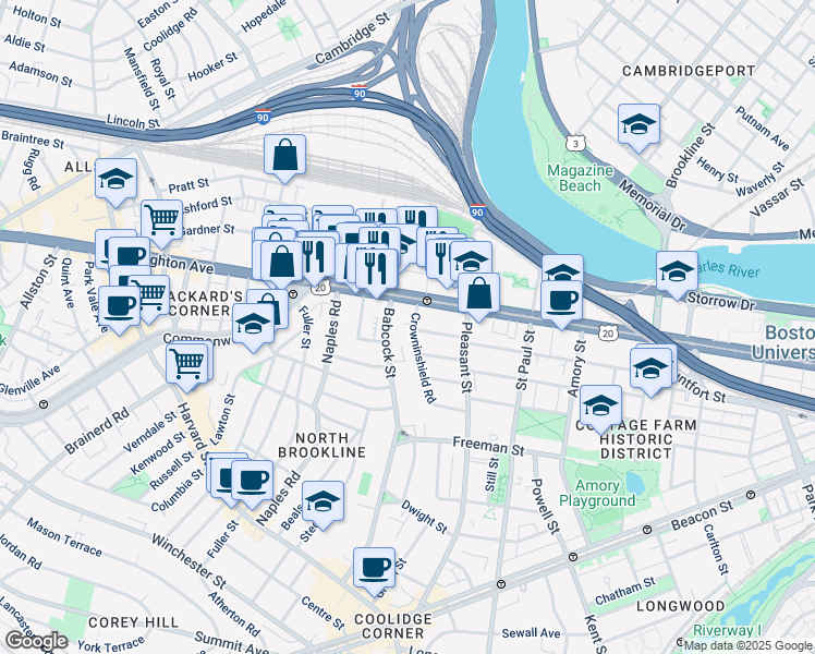 map of restaurants, bars, coffee shops, grocery stores, and more near 973 U.S. 20 in Boston