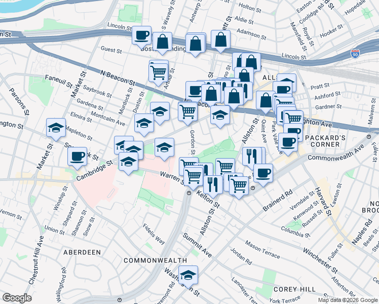 map of restaurants, bars, coffee shops, grocery stores, and more near 59 Gordon Street in Boston