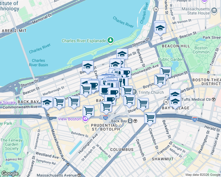 map of restaurants, bars, coffee shops, grocery stores, and more near 176 Newbury Street in Boston