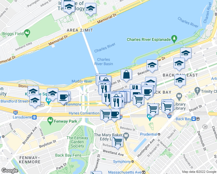 map of restaurants, bars, coffee shops, grocery stores, and more near 473 Beacon Street in Boston