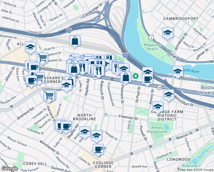 map of restaurants, bars, coffee shops, grocery stores, and more near 973 U.S. 20 in Boston