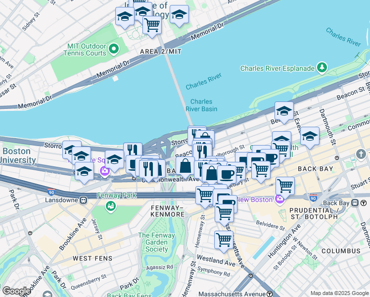 map of restaurants, bars, coffee shops, grocery stores, and more near 520 Beacon Street in Boston