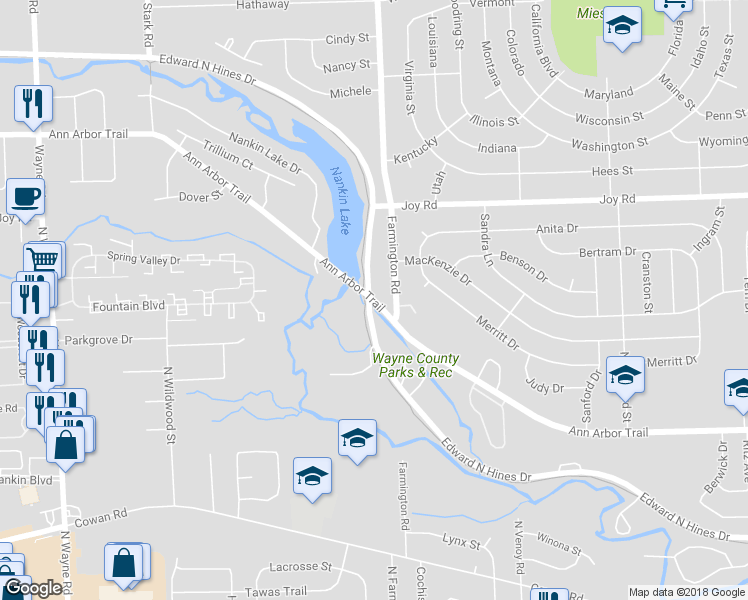 map of restaurants, bars, coffee shops, grocery stores, and more near 33344 Ann Arbor Trail in Westland
