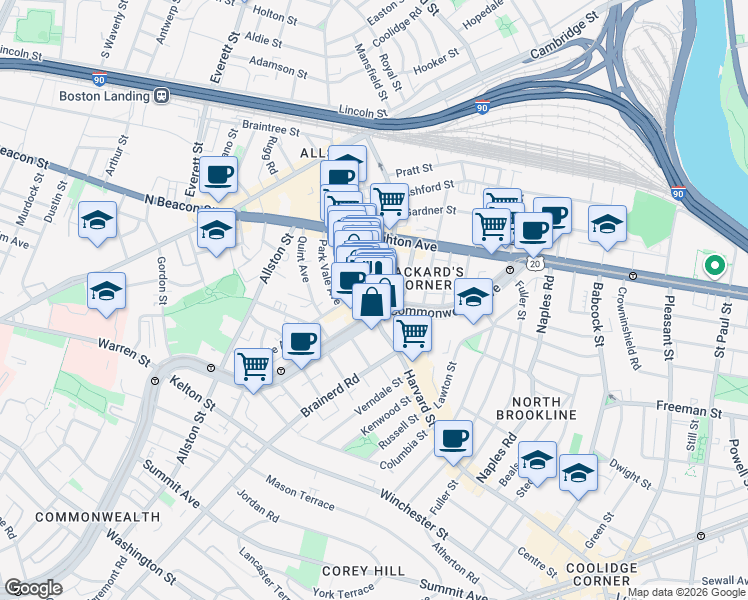 map of restaurants, bars, coffee shops, grocery stores, and more near 1245 Commonwealth Avenue in Boston