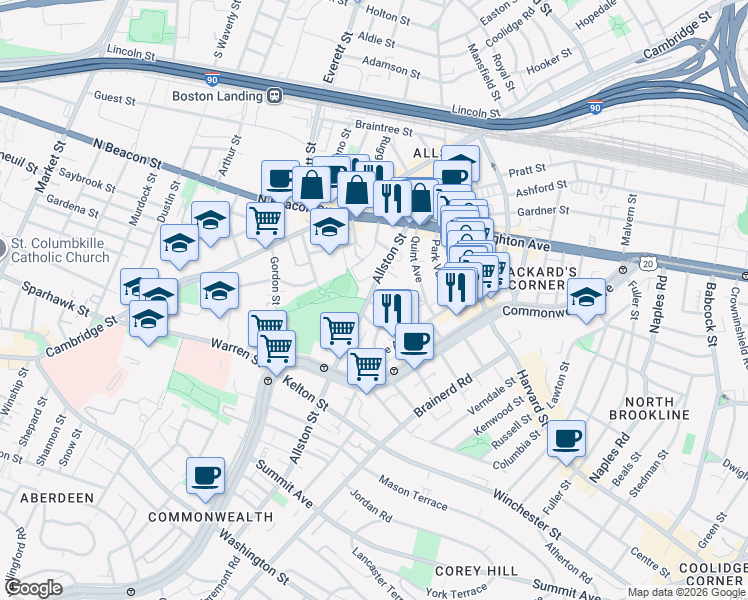 map of restaurants, bars, coffee shops, grocery stores, and more near 68 Allston Street in Boston