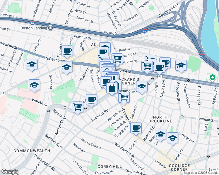 map of restaurants, bars, coffee shops, grocery stores, and more near 183c Harvard Avenue in Boston