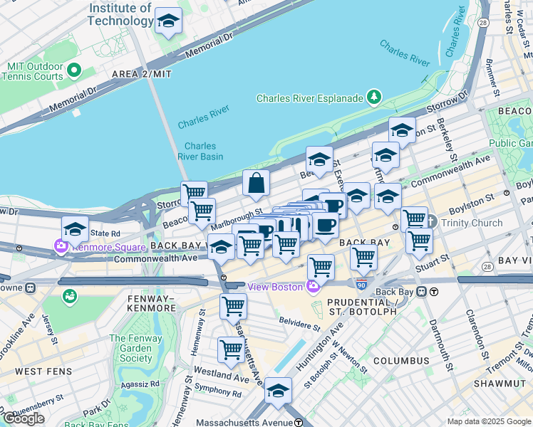 map of restaurants, bars, coffee shops, grocery stores, and more near 11 Gloucester Street in Boston