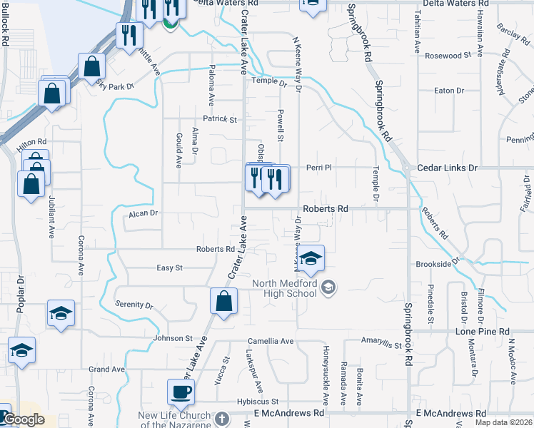 map of restaurants, bars, coffee shops, grocery stores, and more near 2043 Roberts Road in Medford
