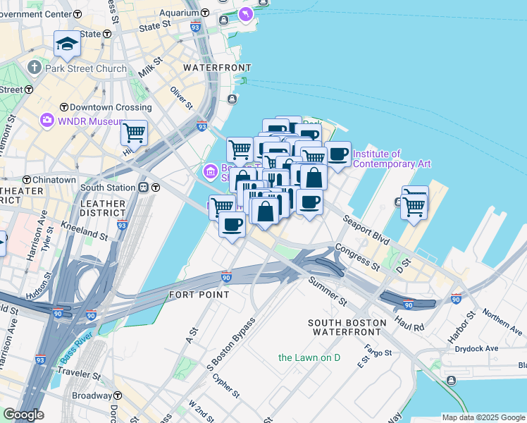 map of restaurants, bars, coffee shops, grocery stores, and more near 12 Thomson Place in Boston