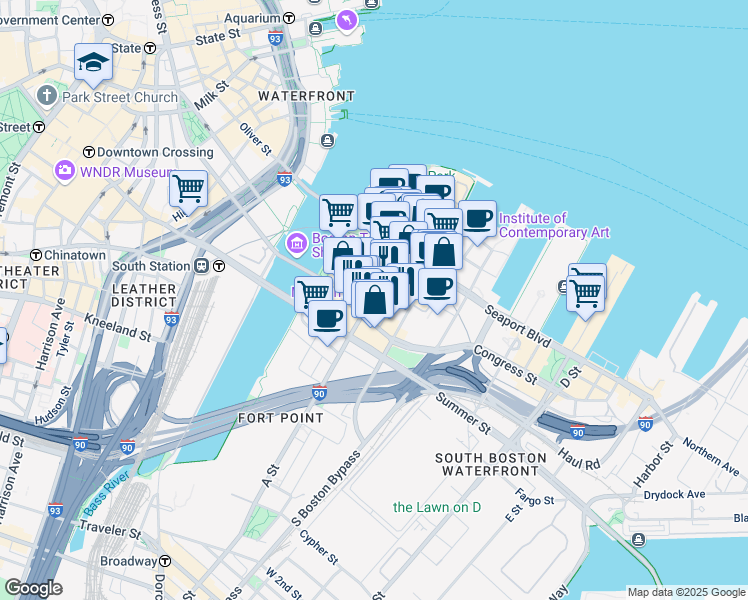 map of restaurants, bars, coffee shops, grocery stores, and more near 12 Thomson Place in Boston