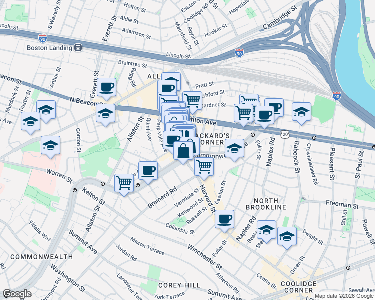 map of restaurants, bars, coffee shops, grocery stores, and more near 1215 Commonwealth Avenue in Boston