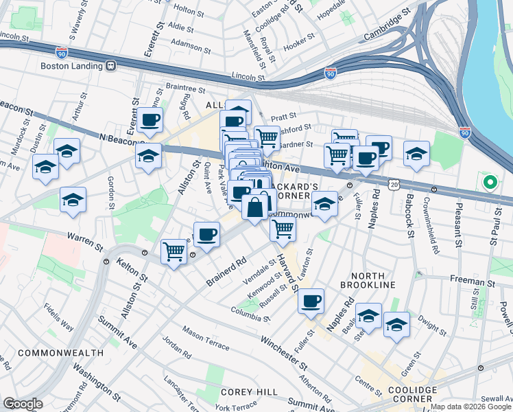 map of restaurants, bars, coffee shops, grocery stores, and more near 1245 Commonwealth Avenue in Boston