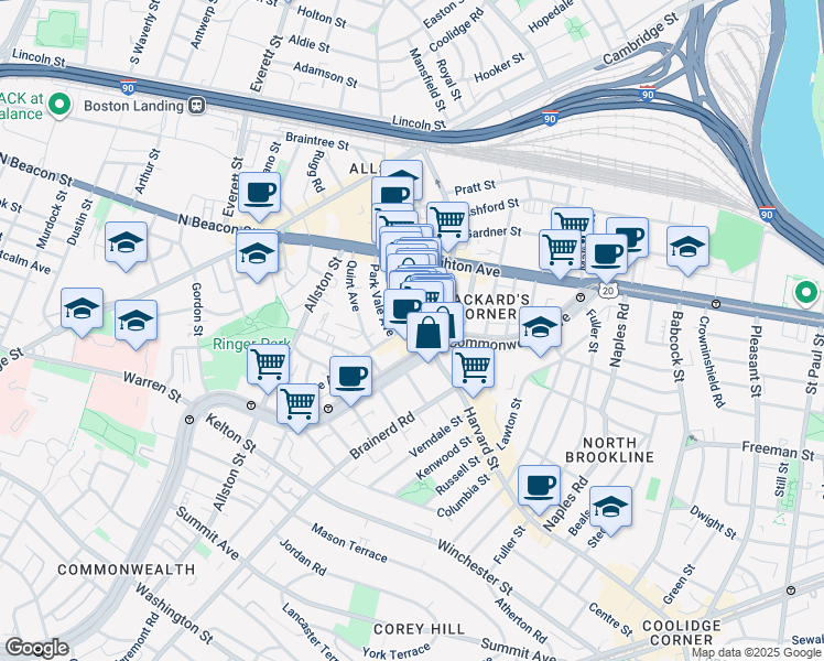 map of restaurants, bars, coffee shops, grocery stores, and more near 183c Harvard Avenue in Boston