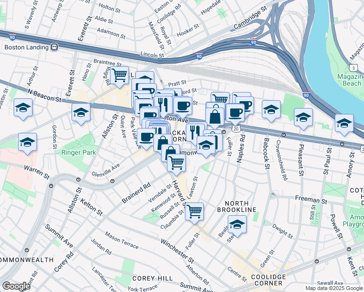 map of restaurants, bars, coffee shops, grocery stores, and more near 11 Chester Street in Boston