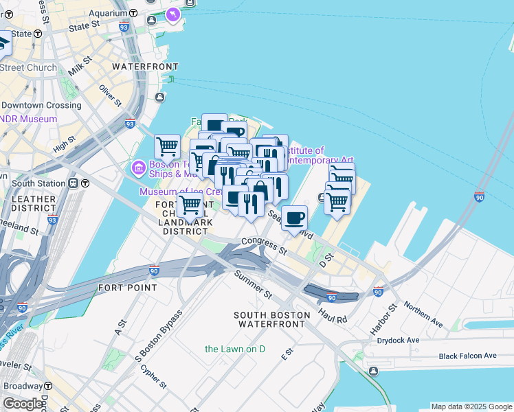 map of restaurants, bars, coffee shops, grocery stores, and more near 150 Seaport Boulevard in Boston