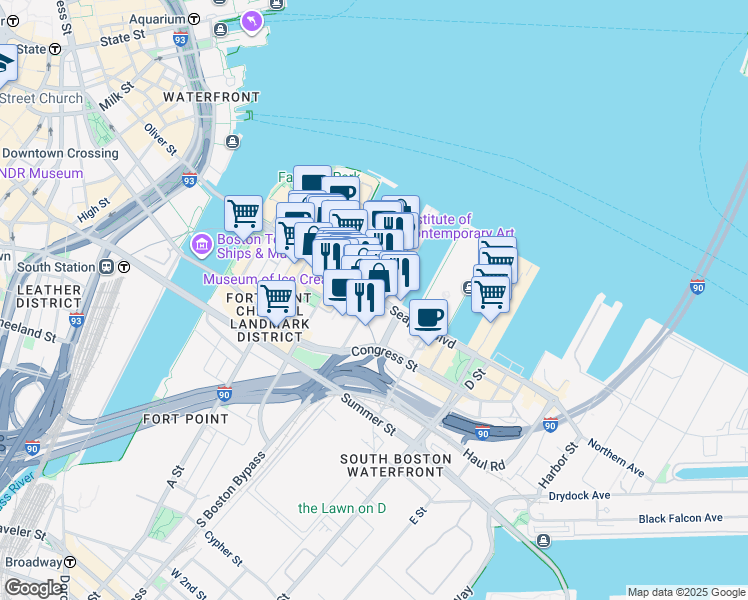 map of restaurants, bars, coffee shops, grocery stores, and more near 121 Seaport Boulevard in Boston