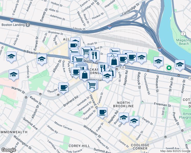 map of restaurants, bars, coffee shops, grocery stores, and more near 11 Chester Street in Boston