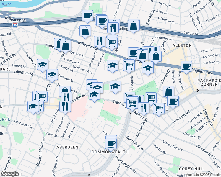 map of restaurants, bars, coffee shops, grocery stores, and more near 64 Ridgemont Street in Boston