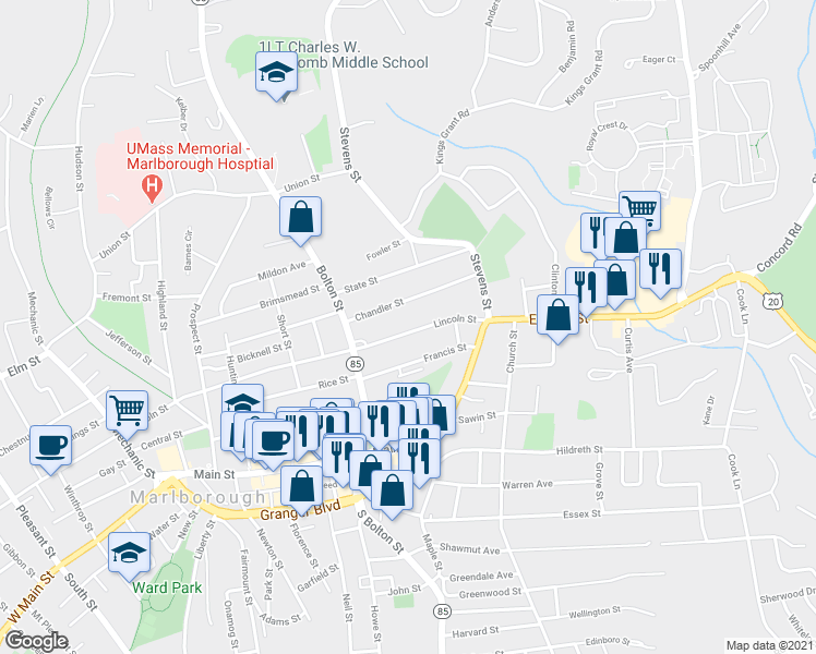 map of restaurants, bars, coffee shops, grocery stores, and more near 69 Lincoln Street in Marlborough