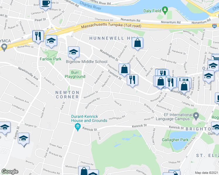 map of restaurants, bars, coffee shops, grocery stores, and more near Arlington Street & Ricker Road in Newton