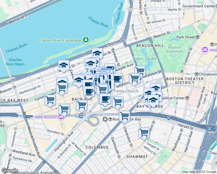 map of restaurants, bars, coffee shops, grocery stores, and more near 535 Boylston Street in Boston
