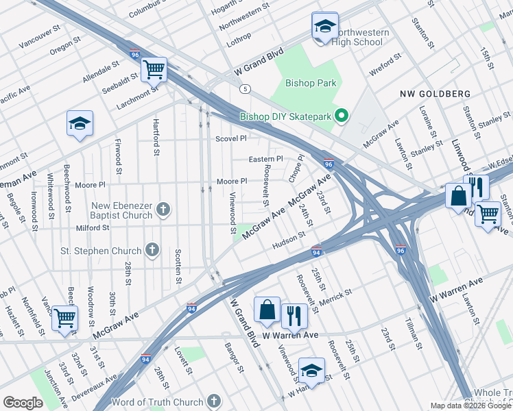 map of restaurants, bars, coffee shops, grocery stores, and more near 3737 Brown Place in Detroit