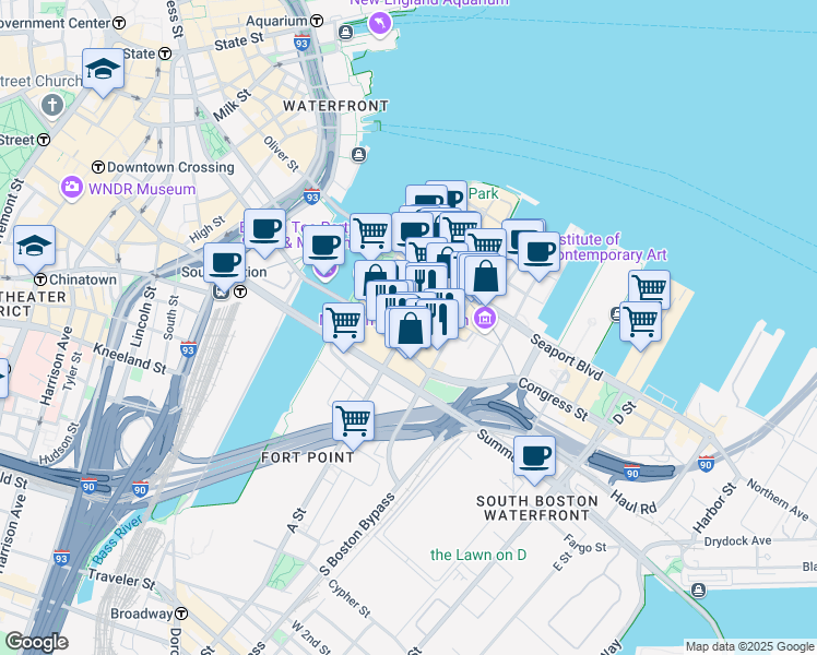 map of restaurants, bars, coffee shops, grocery stores, and more near 25 Thomson Place in Boston