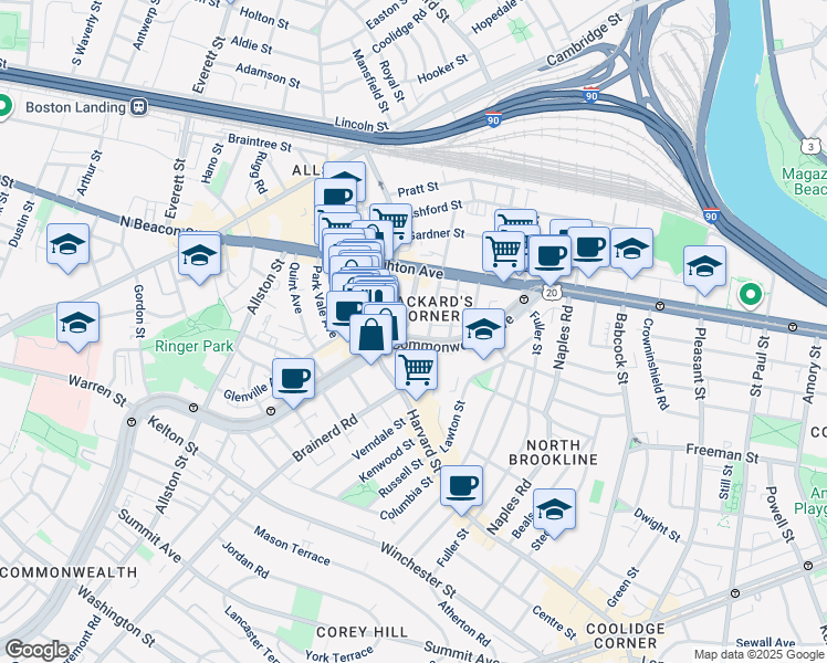 map of restaurants, bars, coffee shops, grocery stores, and more near 1197 Commonwealth Avenue in Boston