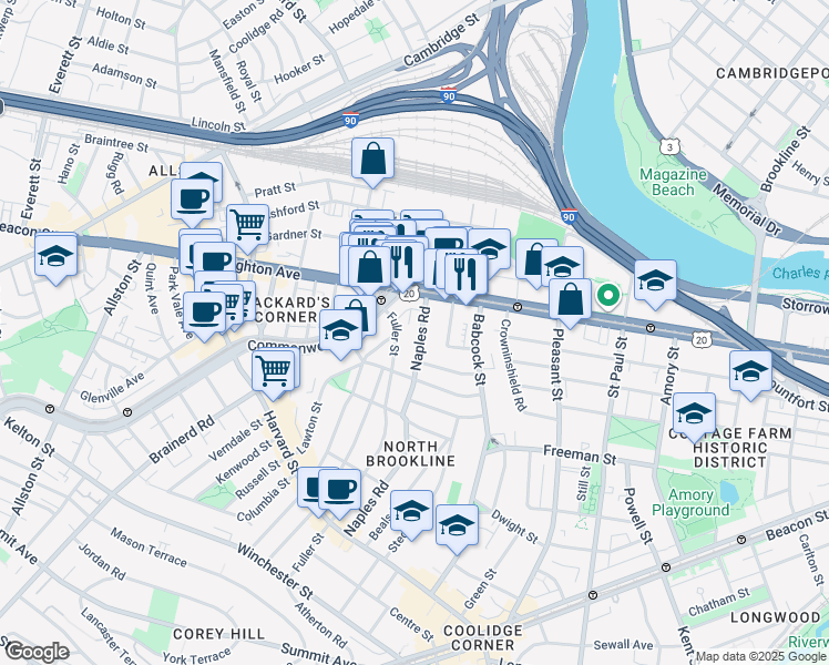 map of restaurants, bars, coffee shops, grocery stores, and more near 176 Naples Road in Brookline
