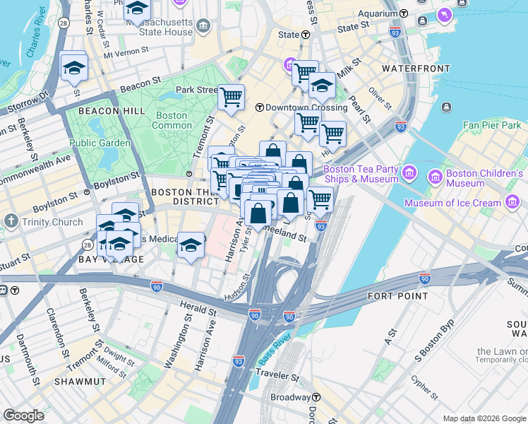 map of restaurants, bars, coffee shops, grocery stores, and more near in Boston