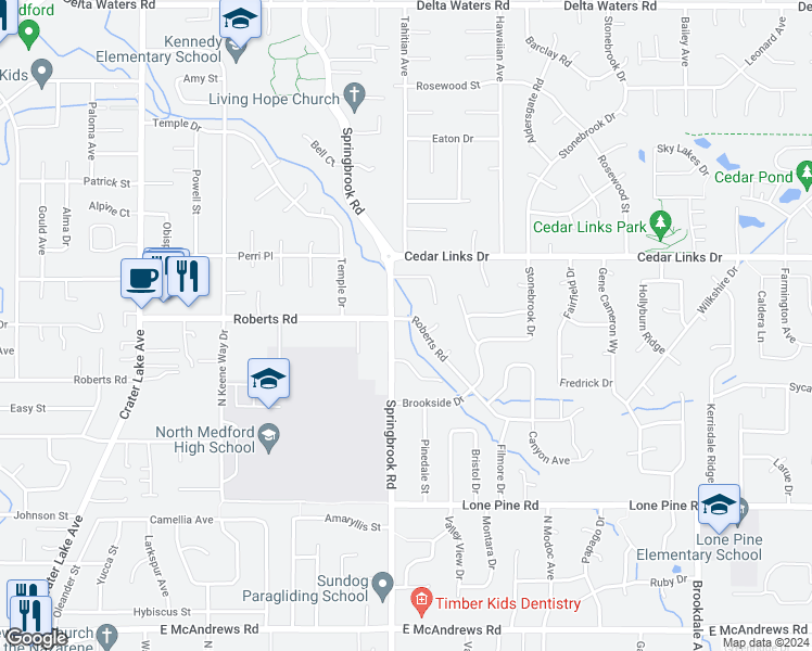 map of restaurants, bars, coffee shops, grocery stores, and more near 2508 Roberts Road in Medford