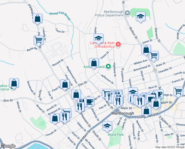 map of restaurants, bars, coffee shops, grocery stores, and more near 24 Hudson Street in Marlborough