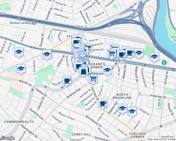 map of restaurants, bars, coffee shops, grocery stores, and more near 1197 Commonwealth Avenue in Boston