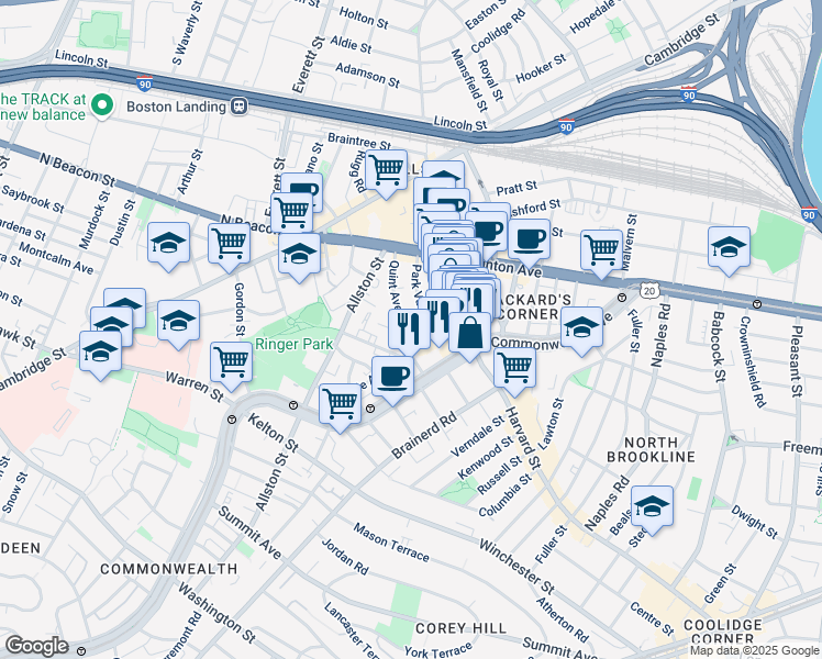 map of restaurants, bars, coffee shops, grocery stores, and more near 66 Quint Avenue in Allston