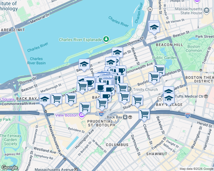 map of restaurants, bars, coffee shops, grocery stores, and more near 176 Newbury Street in Boston