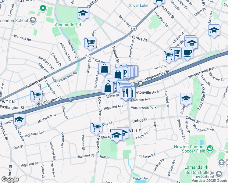 map of restaurants, bars, coffee shops, grocery stores, and more near 33 Austin Street in Newton